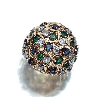 Lot 492 - Gold, Diamond, Emerald and Sapphire Bombe Ring