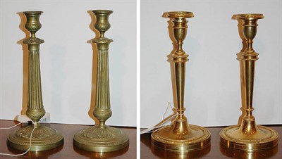 Lot 206 - Three Pairs of French Brass Candlesticks...