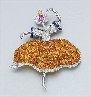 Lot 273 - Yellow Sapphire, Pink Sapphire, Sapphire and Diamond Ballerina Brooch