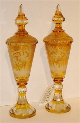 Lot 287 - Pair of Amber Cut to Clear Glass Pokals Height...