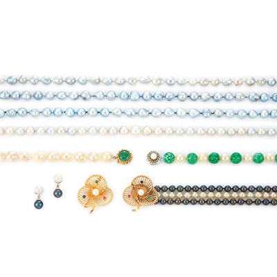 Lot 105 - Seven Cultured Pearl Necklaces, Pair of Earclips and Brooch