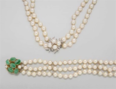 Lot 2743 - Cultured Pearl and Diamond Necklace and Gold, Semi-Baroque Cultured Pearl and Green Stone Bracelet