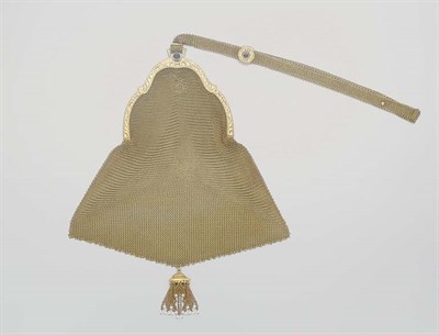 Lot 291 - Gold, Cabochon Sapphire and Seed Pearl Mesh Purse