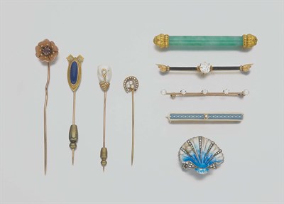 Lot 10 - Group of Antique Stick Pins, Bar Pins and Enamel Shell Pin