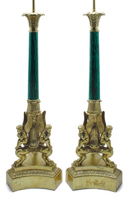 Lot 3390 - Pair of Gilt-Bronze and Malachite Two-Light...