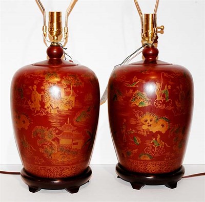 Lot 1503 - Pair of Chinoiserie Decorated Temple Jar Lamps...
