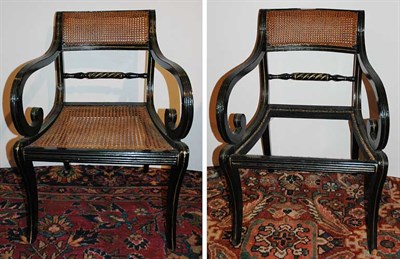 Lot 1548 - Pair of Regency Style Black Painted and Caned...