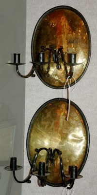Lot 1491 - Pair of Polished Brass and Iron Three-Light...