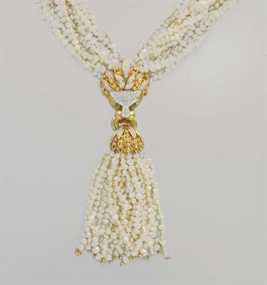 Lot 103 - Multi-Strand Biwa Pearl, Gold and Diamond Lion Head Tassel Necklace