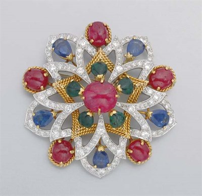 Lot 261 - Gold, Platinum, Gem-Set and Diamond Pendant-Brooch