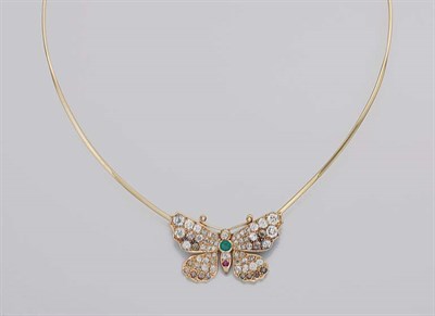 Lot 294 - Gold, Brown Diamond and Diamond and Gem-Set Butterfly Choker Necklace