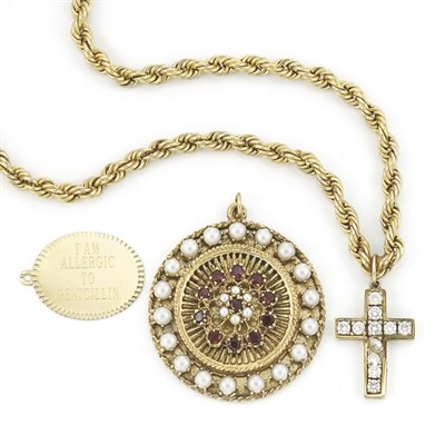 Lot 2738 - Gold and Diamond Cross Pendant with Gold Chain and Two Pendants