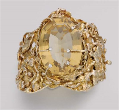 Lot 372 - Nugget Gold, Citrine and Diamond Cuff Bangle