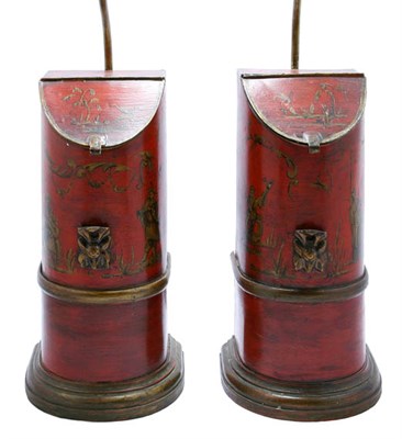 Lot 3217 - Pair of Painted Red Tole Lamps Each in the...