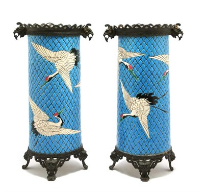 Lot 3240 - Pair of Japanese Bronze Mounted Ceramic Vases...