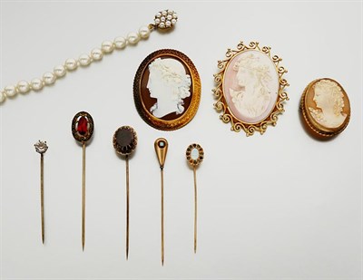 Lot 2686 - Three Shell Cameos, Five Stickpins and One Strand of Cultered Pearls