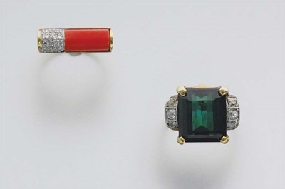 Lot 8 - Coral and Diamond Ring and Tourmaline and Diamond Ring