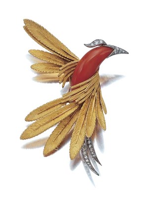 Lot 484 - Gold, Platinum, Coral and Diamond Bird Clip-Brooch