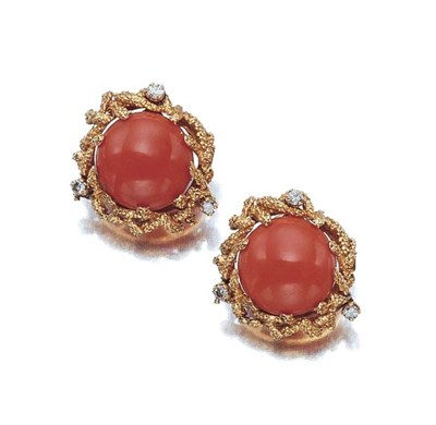 Lot 485 - Pair of Gold, Coral and Diamond Earclips