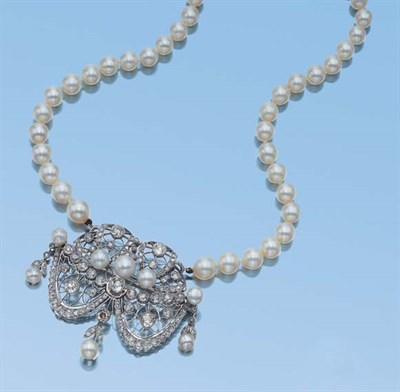Lot 551 - Cultured Pearl Necklace with Pearl and Diamond Pendant-Brooch