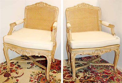 Lot 3694 - Pair of Louis XV Style Painted Fauteuils Each...