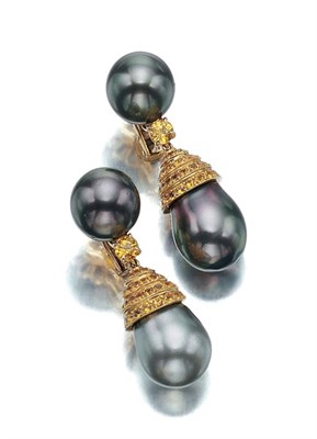 Lot 488 - Pair of Gold, Gray and Pinkish-Black Cultured Pearl and Yellow Sapphire Pendant-Earclips