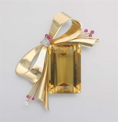 Lot 281 - Gold, Citrine, Diamond and Ruby Bow Clip-Brooch