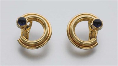 Lot 193 - Pair of Gold and Cabochon Sapphire Earclips