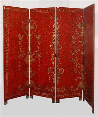 Lot 1126 - Chinese Decorated Red Lacquer Four-Panel...
