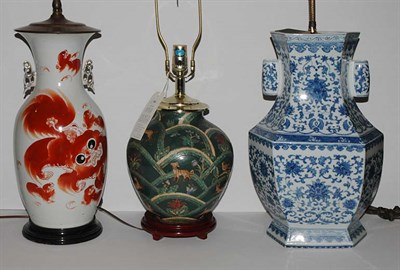Lot 1408 - Group of Three Asian Ceramic Vasiform Lamps...