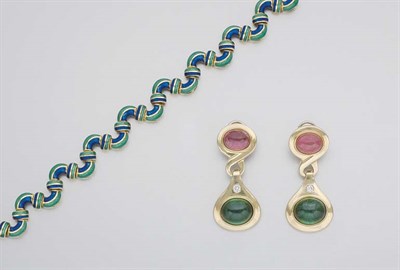 Lot 16 - Gold and Enamel Bracelet and Pair of Gold and Cabochon Pink Tourmaline and Tourmaline Pendant-Earclips