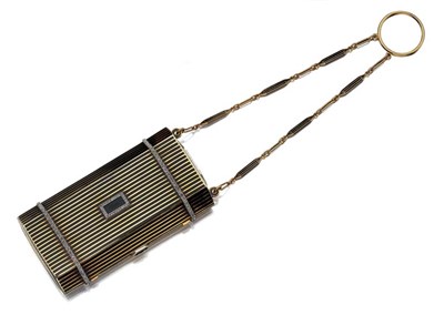 Lot 417 - Gold, Platinum, Black Enamel and Diamond Vanity Case with Carrying Chain
