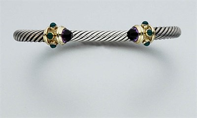 Lot 2467 - Sterling Silver, Gold, Amethyst and Emerald Bangle