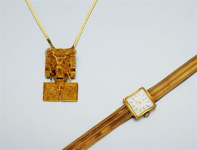 Lot 2731 - Gold Wristwatch and Pendant-Brooch with Chain