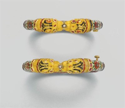 Lot 375 - Pair of Indian Gold, Multi-Colored Enamel, Diamond and Ruby Bangles