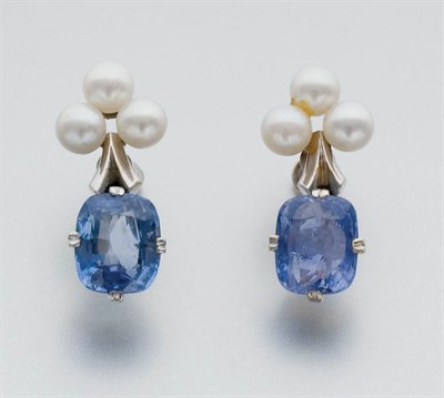Lot 300 - Pair of Cultured Pearl and Sapphire Pendant-Earclips