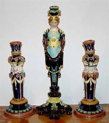 Lot 3341 - Group of Three Majolica Figural Candlesticks...