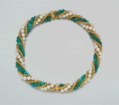 Lot 386 - Gold, Cultured Pearl and Turquoise Bead Twisted Mesh Necklace/Bracelet Combination