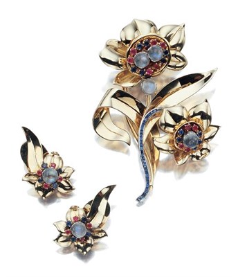 Lot 461 - Gold, Moonstone, Sapphire and Ruby Flower Clip-Brooch and Pair of Earclips
