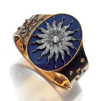 Lot 443 - Antique Gold, Platinum, Emerald and Blue Enamel Cuff Bangle