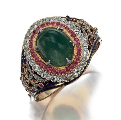 Lot 441 - Gold, Platinum, Cabochon Emerald, Ruby, Diamond and Blue Enamel Cuff Bangle