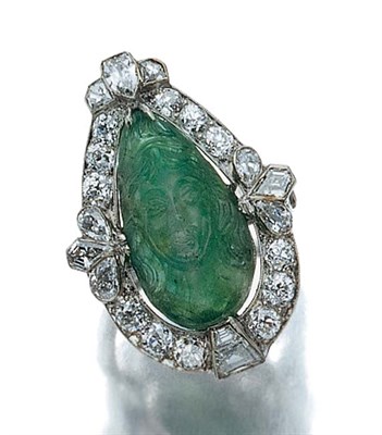 Lot 594 - Emerald Cameo and Diamond Ring