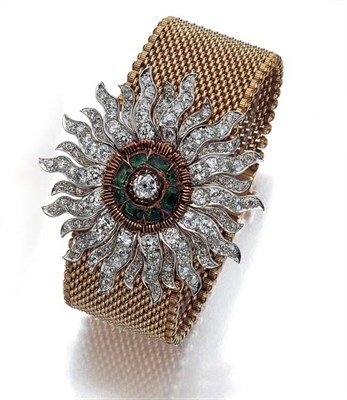 Lot 442 - Antique Gold, Platinum, Diamond, Emerald and Black Enamel Bracelet