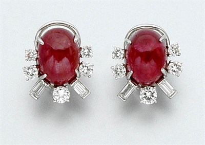 Lot 2471 - Pair of Cabochon Ruby and Diamond Earclips