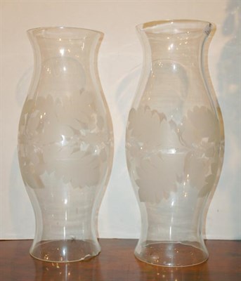 Lot 343 - Pair of Etched Glass Hurricane Shades Height...