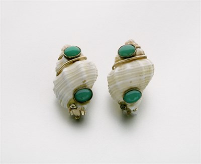 Lot 2496 - Pair of Shell and Dyed Green Chalcedony Earclips