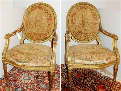 Lot 3593 - Pair of Louis XVI Style Gilt-Wood Fauteuils...