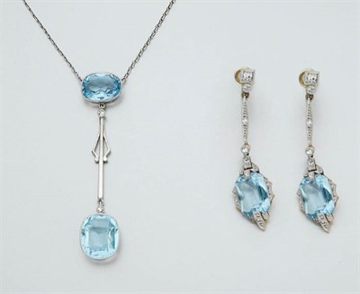 Lot 2574 - Aquamarine and Diamond Pendant with Chain and Pair of Pendant-Earclips