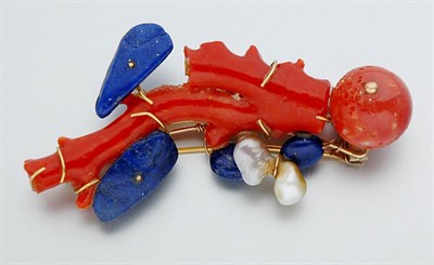 Lot 2587 - Branch Coral, Lapis and Baroque Cultured Pearl Clip-Brooch