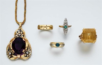 Lot 2594 - Gold, Amethyst and Diamond Pendant with Chain and Four Rings